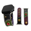 Red Relic leather watch strap in red, black and green with a glass cat eye